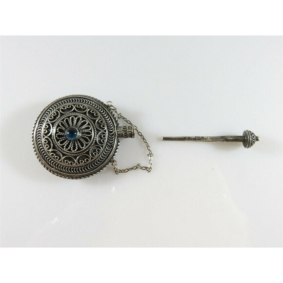 Palestine Sterling Round Perfume Scent Flask Fancy Chatelaine Perfume Bottle - Picture 11 of 12